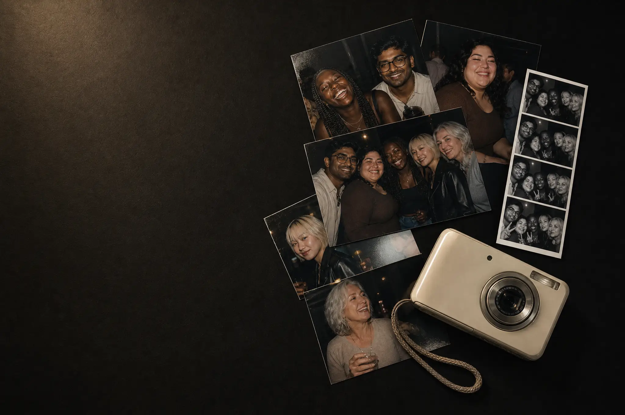 Prints from a night out scattered next to a cream compact camera