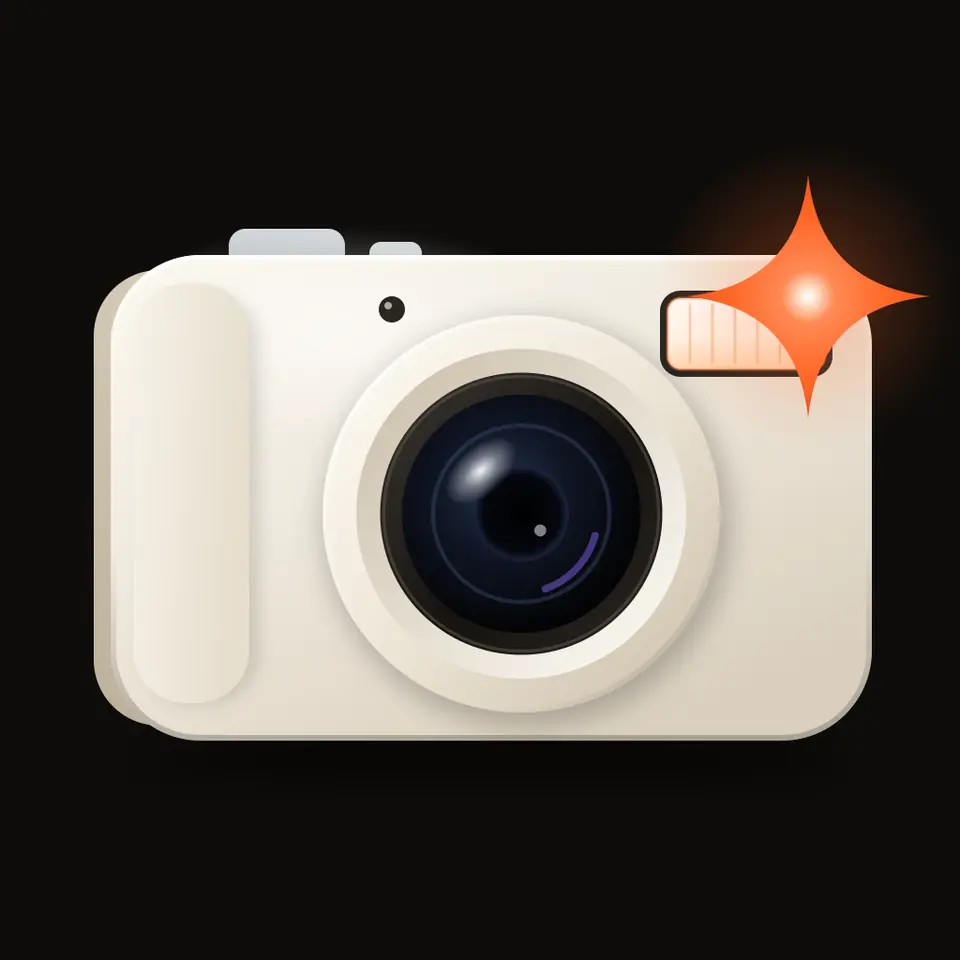 Duskflash app icon: a cream compact digicam firing an orange flash spark